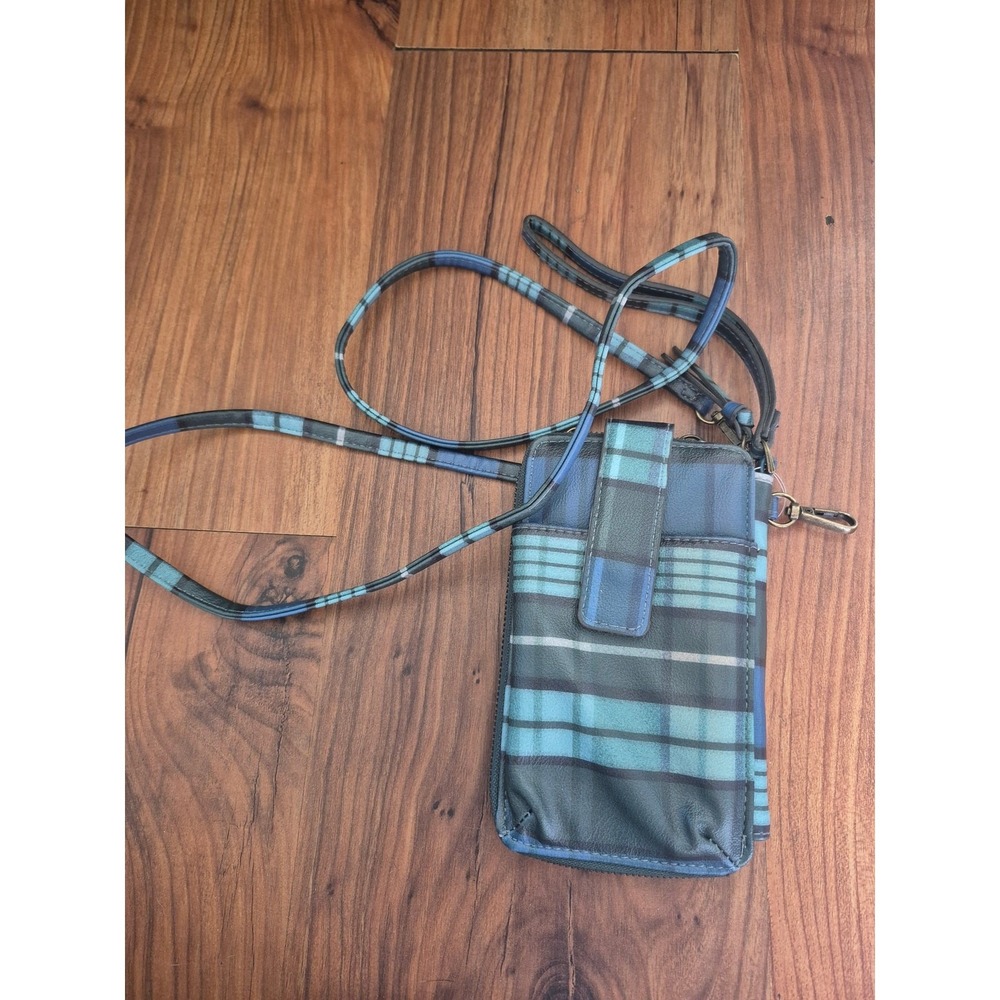 Crossbody Blue Phone Wallet Plaid Button Snap Beige Internal Color 8216